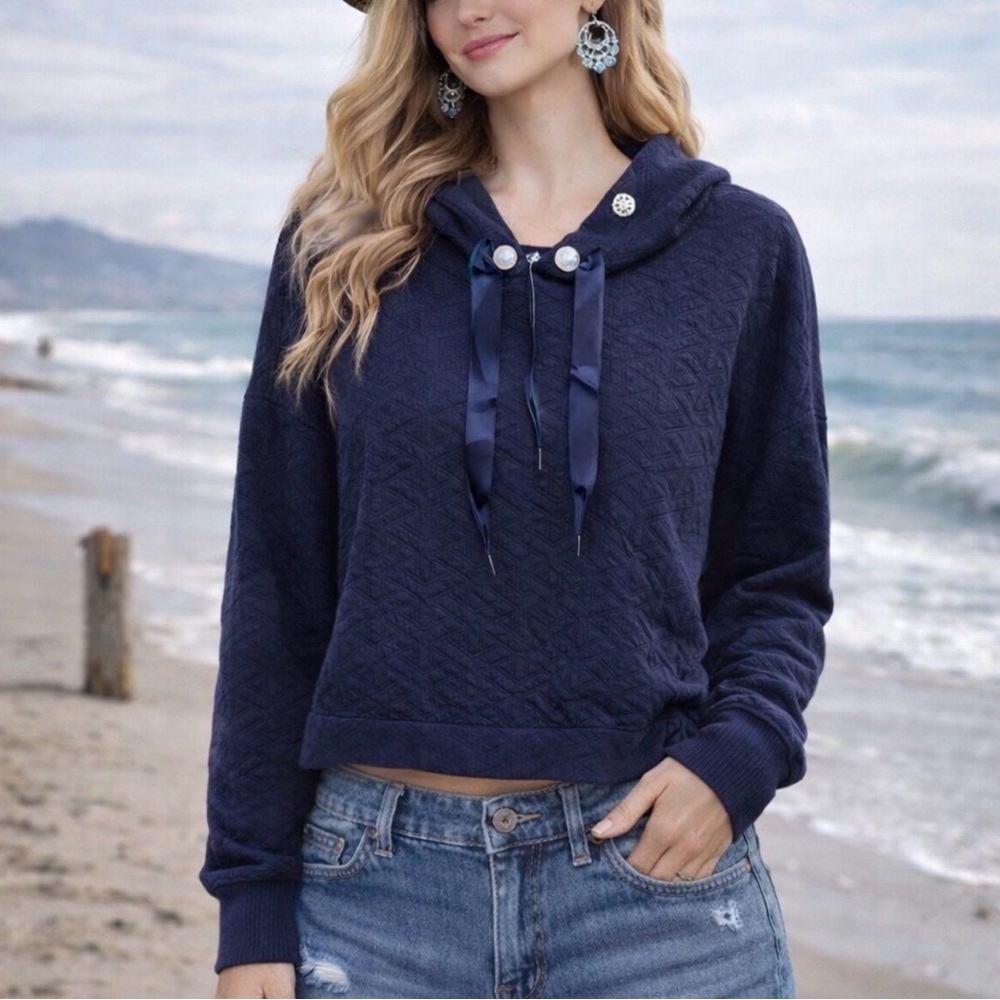 NWT Simply Southern Boxy Fit Navy Hooded Pullover with Satin Ribbon Accents